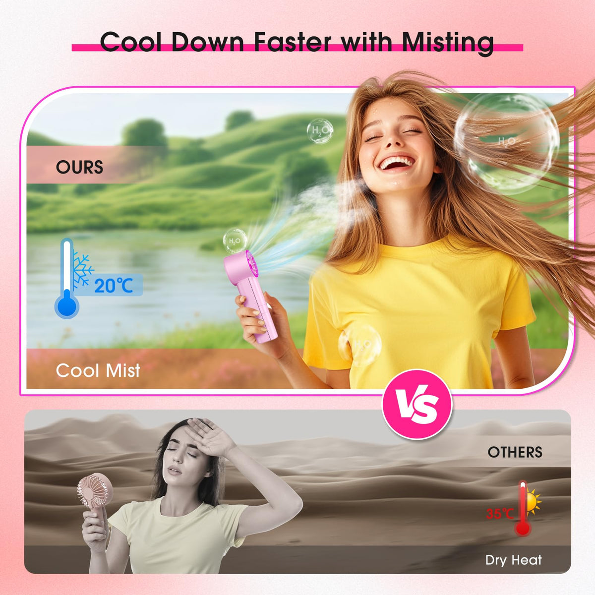 Ausic pocket fan with water spray for personal cooling on the go