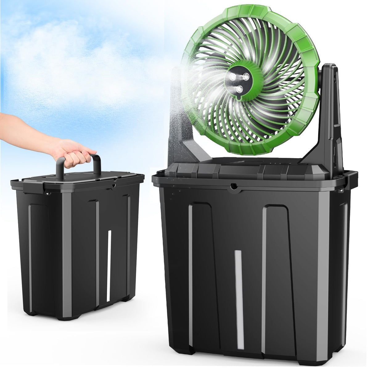 Ausic portable misting fan on a table delivers cool comfort for outdoor dining.