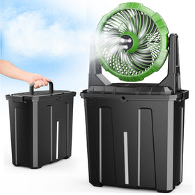 Ausic portable misting fan on a table delivers cool comfort for outdoor dining.