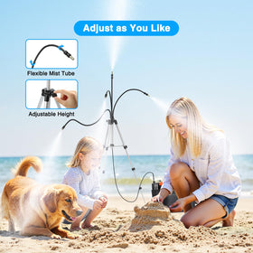 Ausic misting system height adjustable for kids, pets, and seating areas.