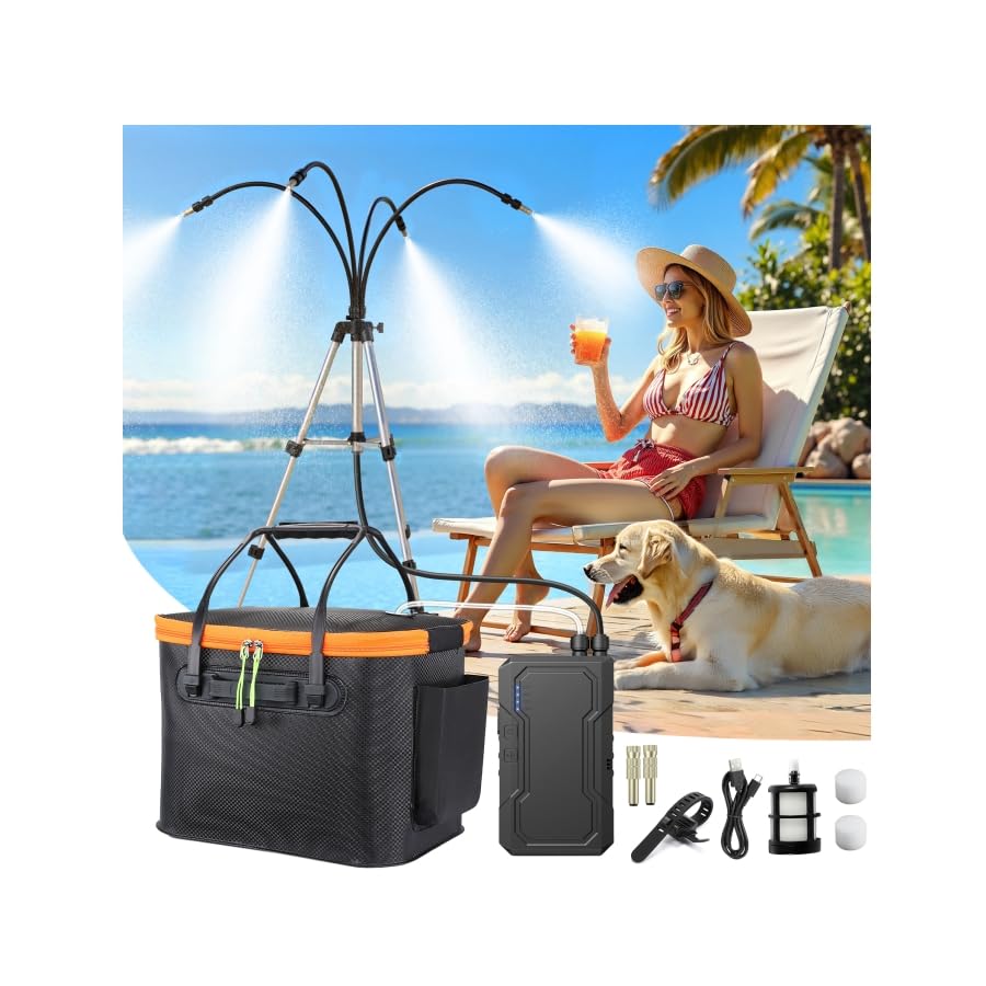 Ausic portable misting system on patio setup delivers cooling mist for outdoor comfort.