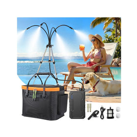 Ausic portable misting system on patio setup delivers cooling mist for outdoor comfort.