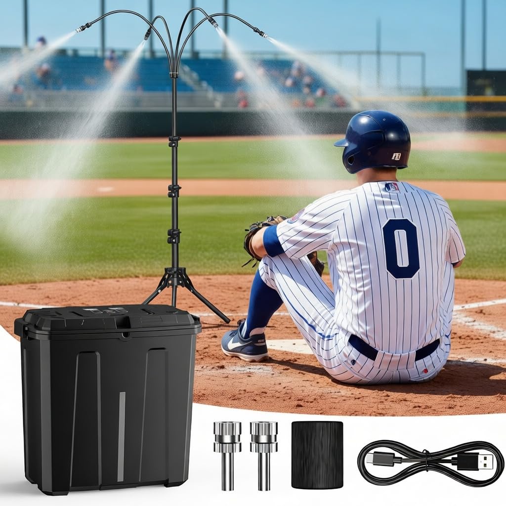 Ausic portable misting system on stand cools patios and decks.