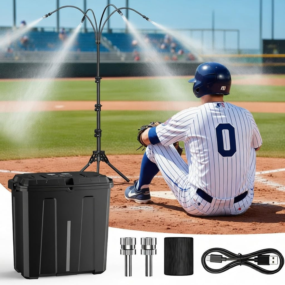 Ausic portable misting system on stand cools patios and decks.