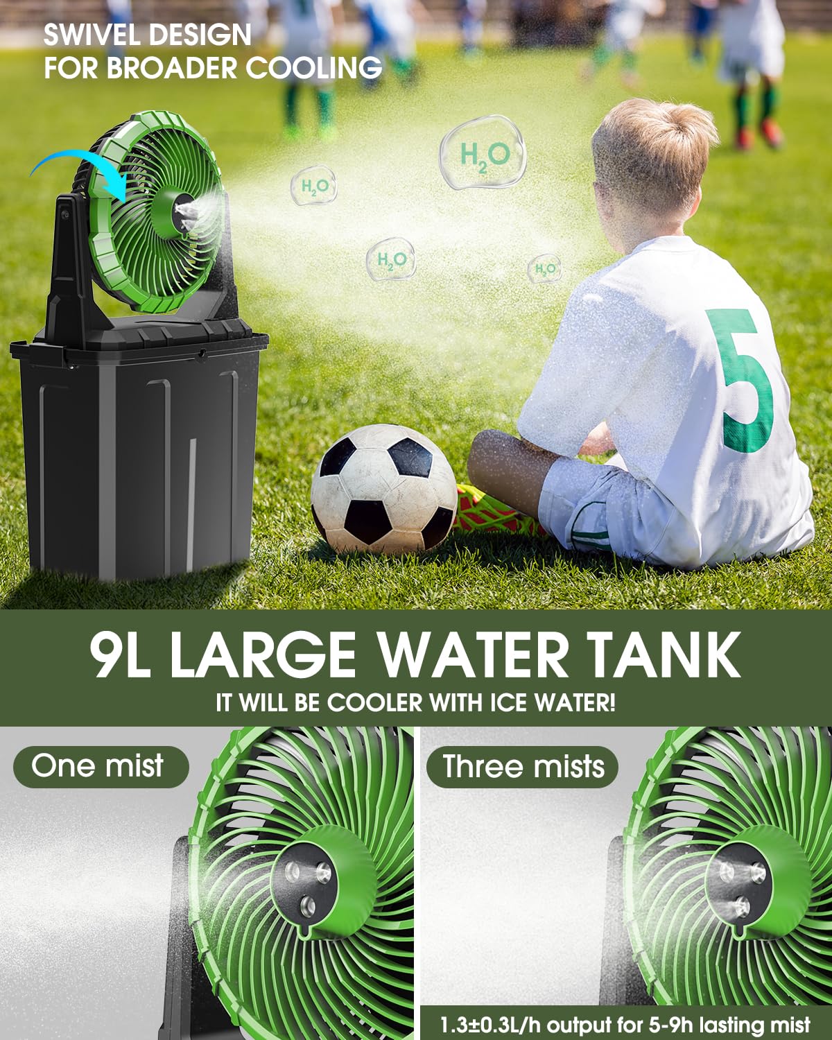 Ausic triple-nozzle mist provides fast cooling for groups in hot conditions.
