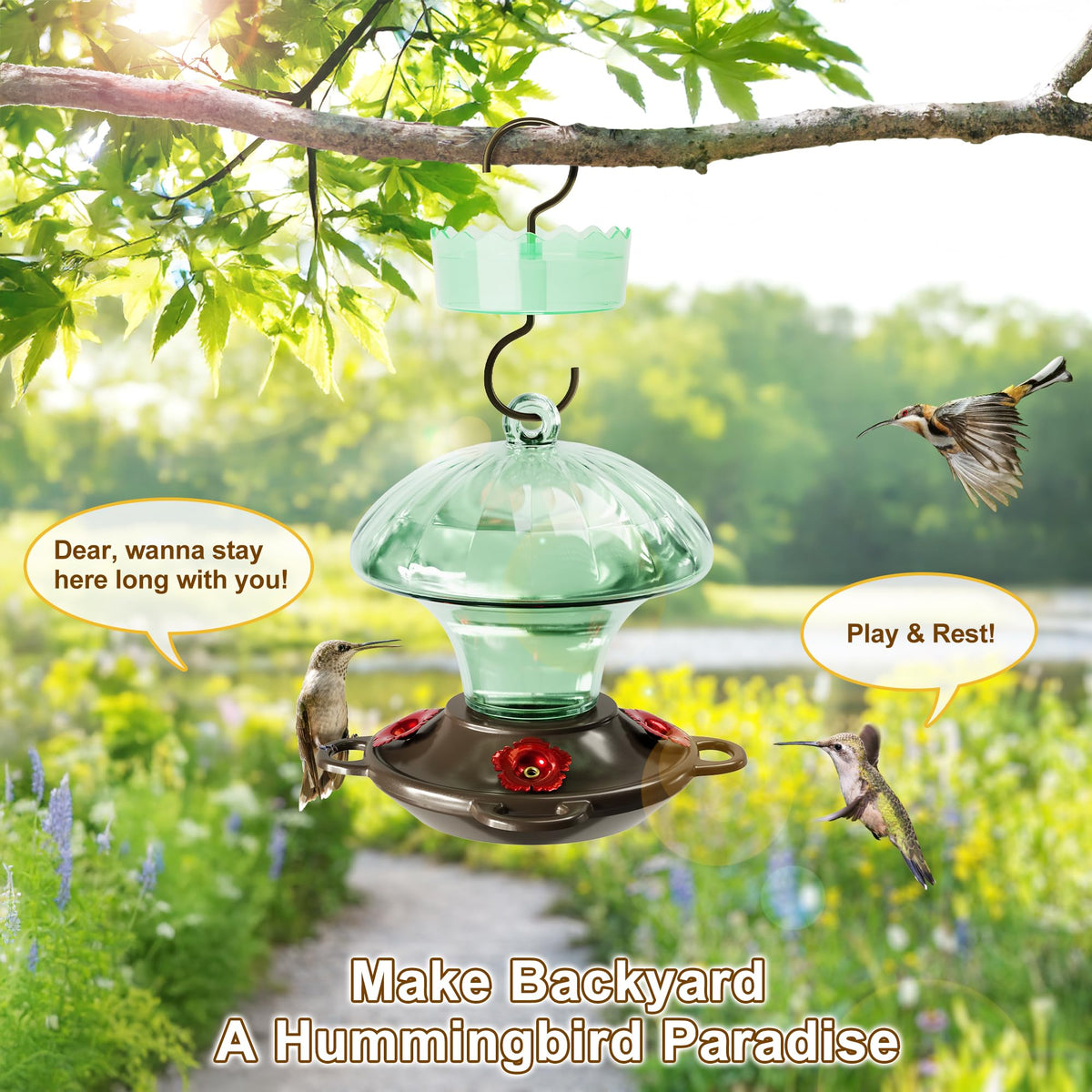 Auslar four-flower feeding ports attract hummingbirds to your garden.