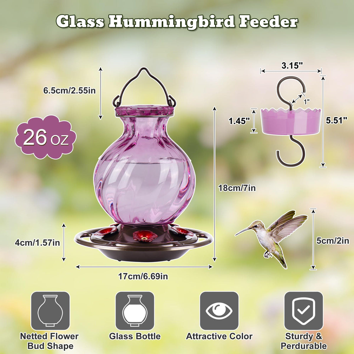 Auslar hummingbird feeder with ant moat and bee guard protects nectar.