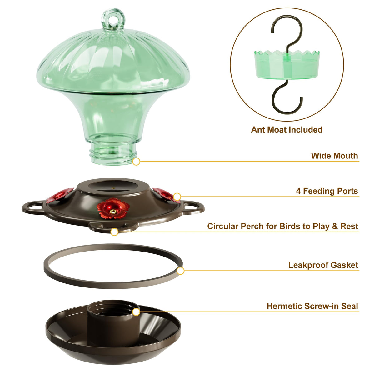Auslar leakproof gasket prevents nectar leaks for mess-free outdoor feeding.