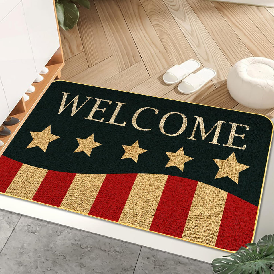 AUSTAB patriotic door mat at the front door featuring stars and stripes for curb appeal