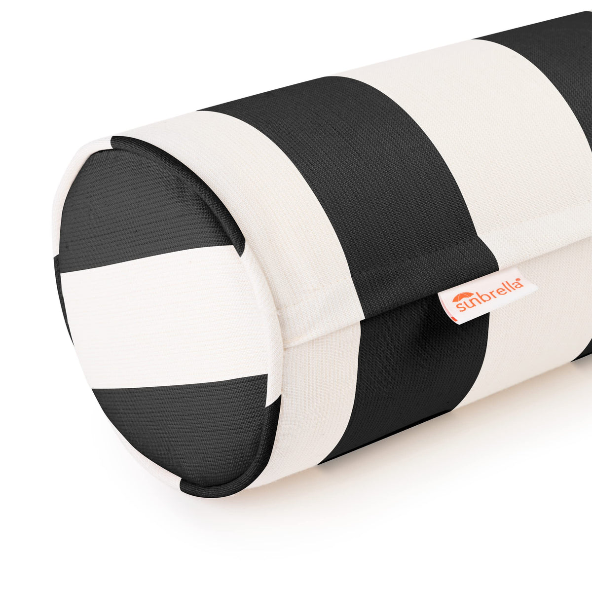 Austin Horn Classics Sunbrella Cabana Stripe neck roll cover in white/black for indoor and outdoor use.