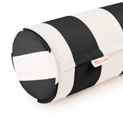 Austin Horn Classics Sunbrella Cabana Stripe neck roll cover in white/black for indoor and outdoor use.