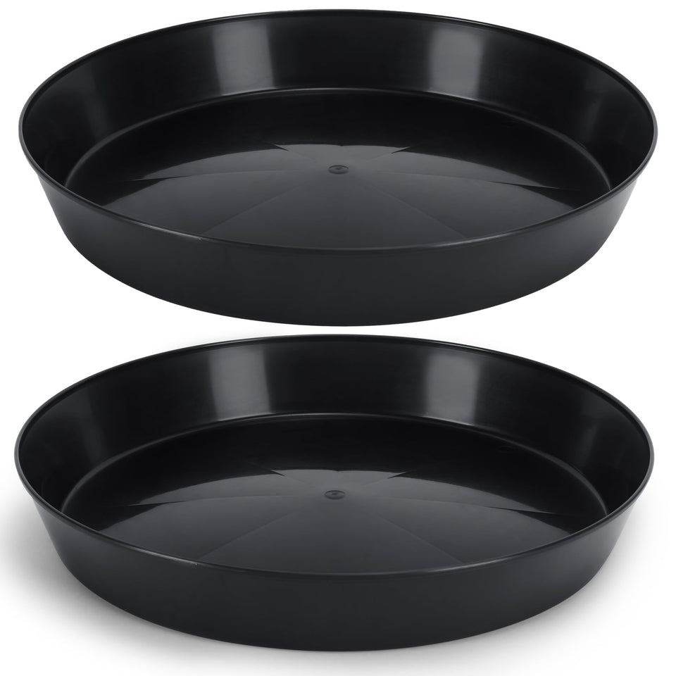 Austin Planter 16-inch black saucer catching excess water to protect floors