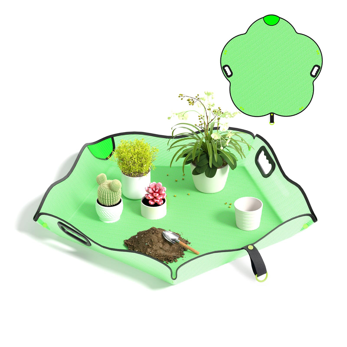 Austion repotting mat 29x29 laid flat to contain soil and water during indoor transplanting.