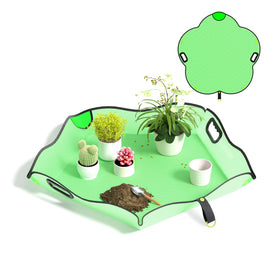 Austion repotting mat 29x29 laid flat to contain soil and water during indoor transplanting.