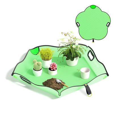 Austion repotting mat 29x29 laid flat to contain soil and water during indoor transplanting.