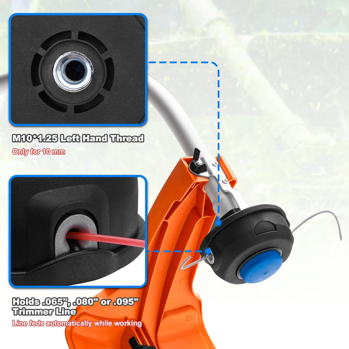 AUTOBABA T25 Tap Advance Trimmer Head showing gauge options for different line sizes.