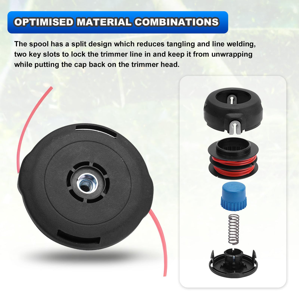 AUTOBABA T25 Tap Advance Trimmer Head highlighting left-hand thread arbor compatibility.