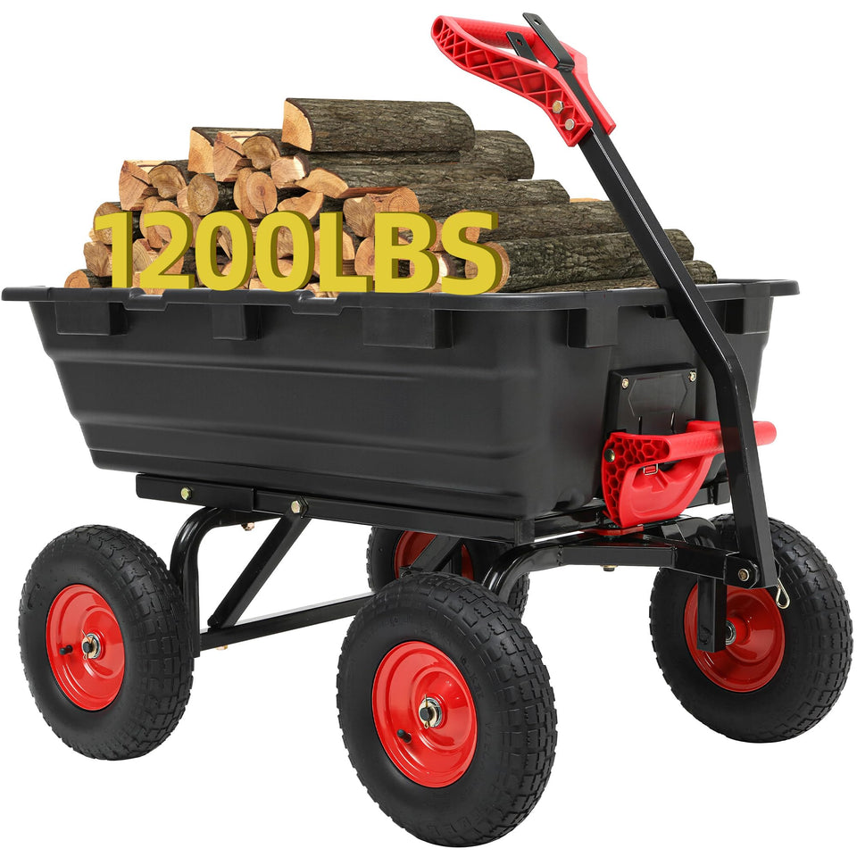 Autodaya 1200lbs garden dump cart side view with spacious bed for heavy loads.