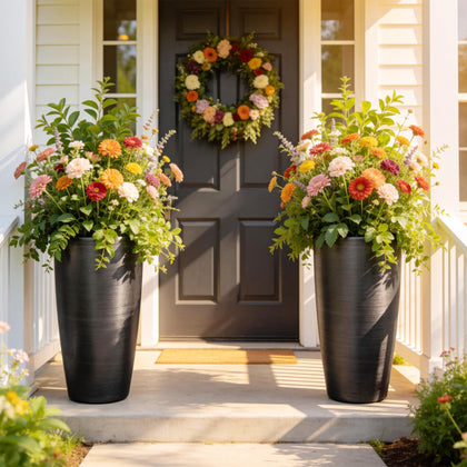 Autodaya 22.83-inch tall planter with brushed finish, ideal for porch display of flowers.