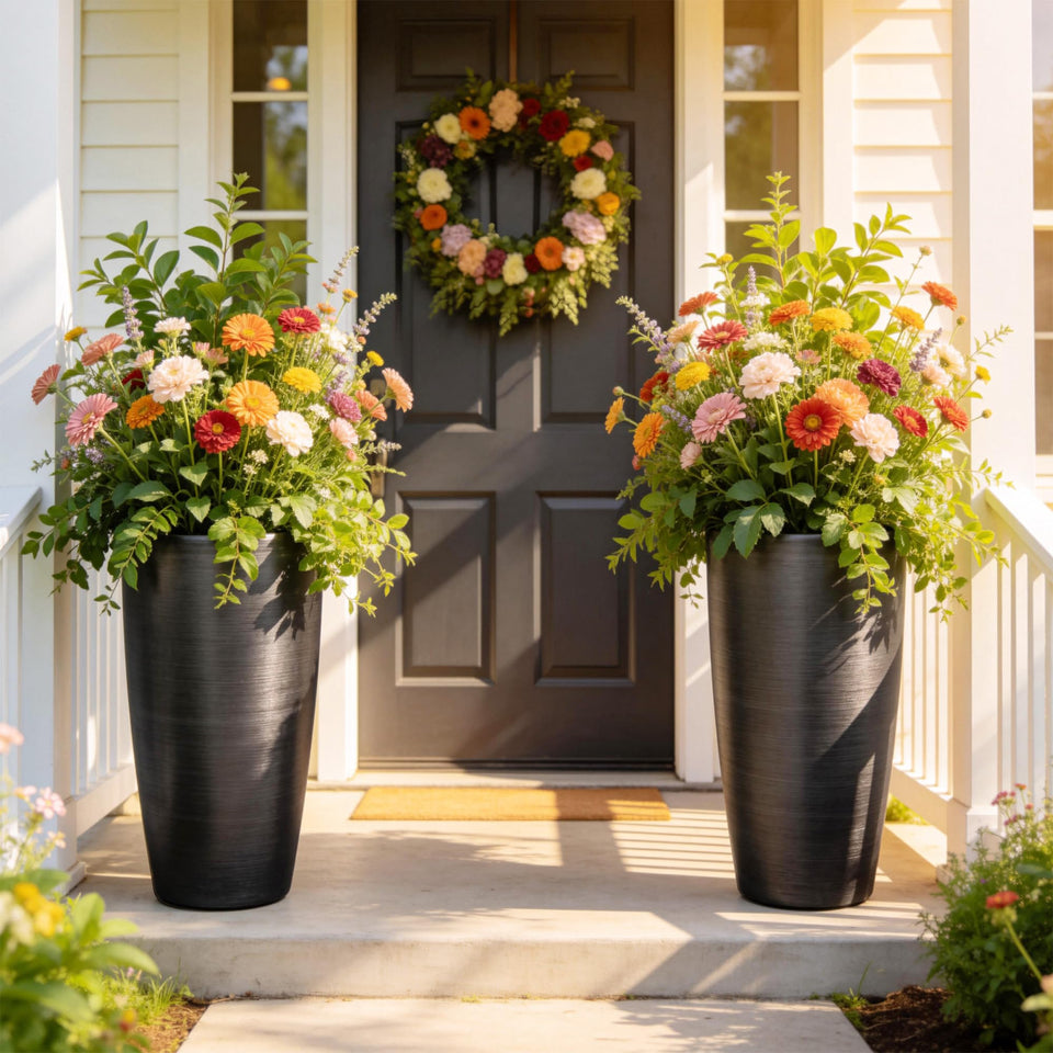 Autodaya 22.83-inch tall planter with brushed finish, ideal for porch display of flowers.
