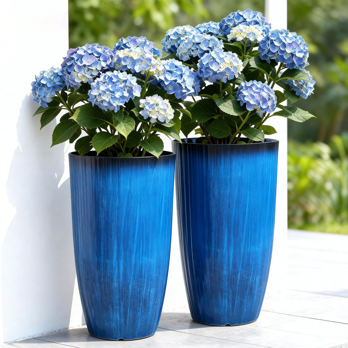 Autodaya 23.8-inch tall planter pair with glazed cobalt blue finish for outdoor display