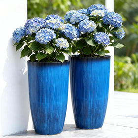 Autodaya 23.8-inch tall planter pair with glazed cobalt blue finish for outdoor display