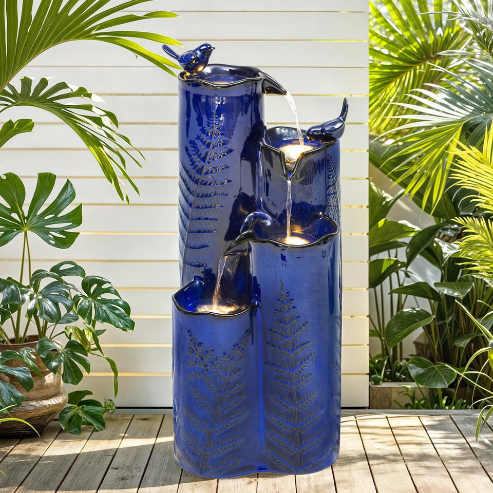 Autodaya 32-inch ceramic fountain with LED lights as a striking garden focal point for evenings.