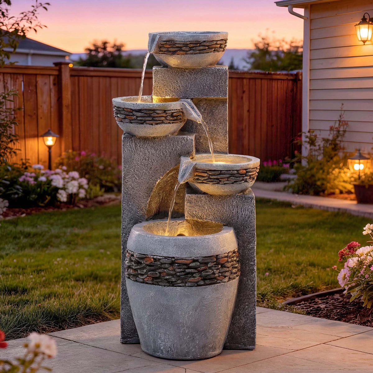 Autodaya 4-tier pedestal fountain with cascading water for a tranquil backyard centerpiece.