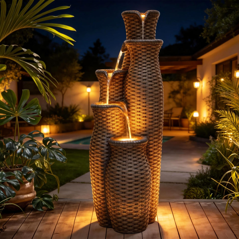 Autodaya 5-tier fountain front view, enhancing outdoor decor with calming ambience.