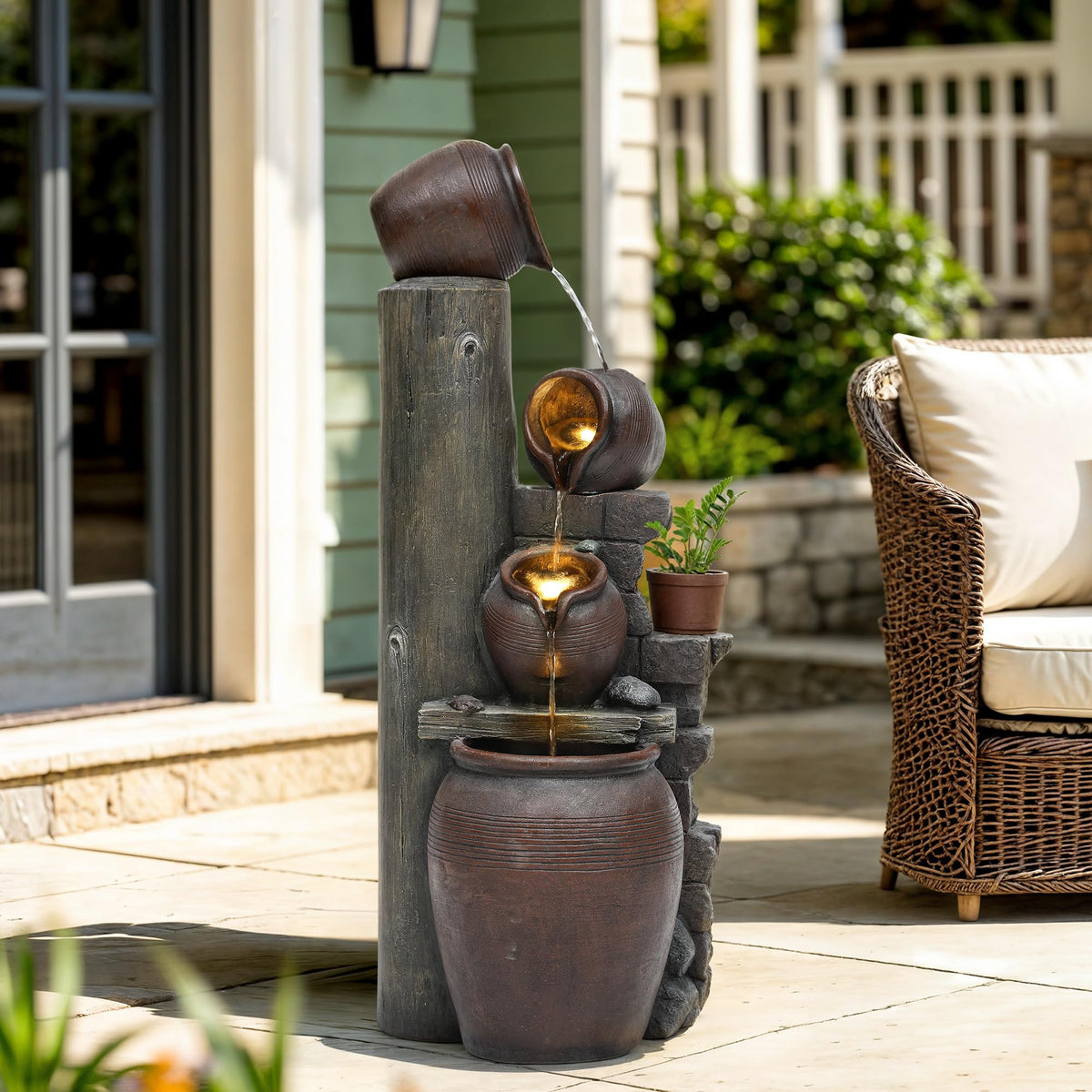Autodaya farmhouse fountain cascading water creating tranquil outdoor scene