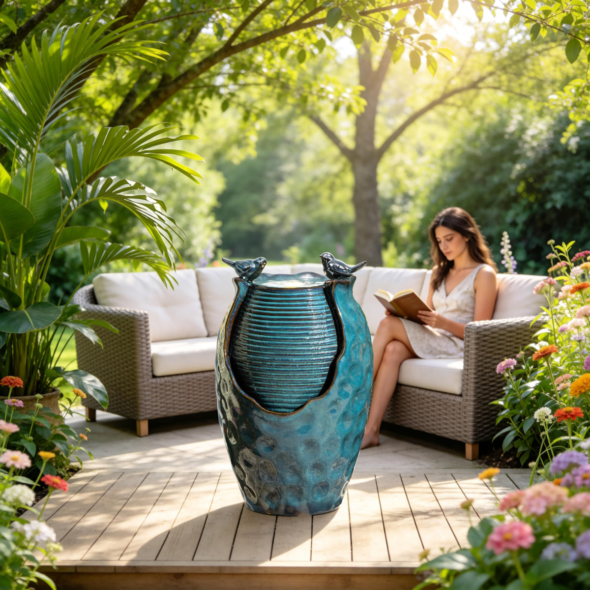 Autodaya LED lighting creates warm glow for evening garden ambiance.