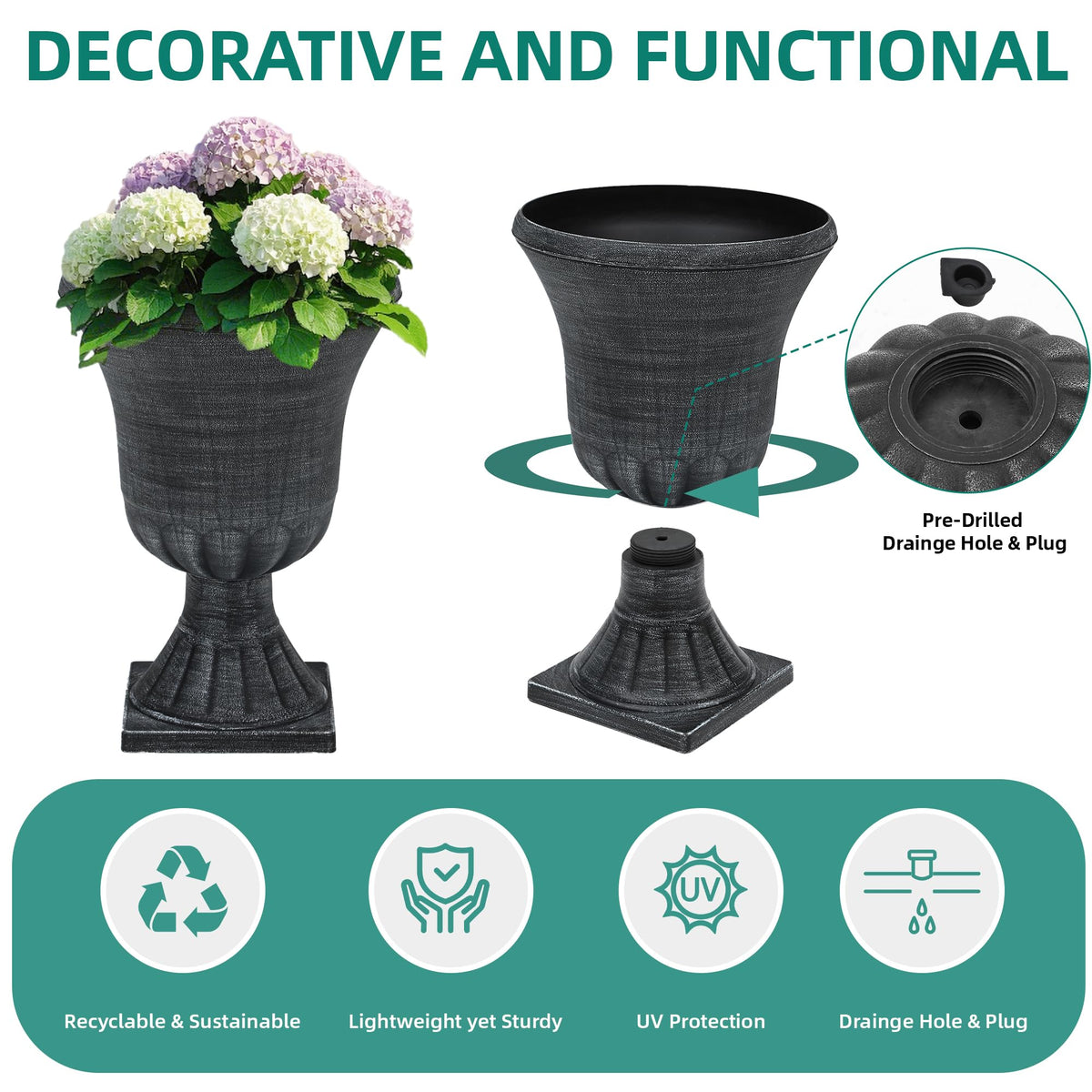 Autodaya urn planter drainage holes with removable plugs support healthy growth.