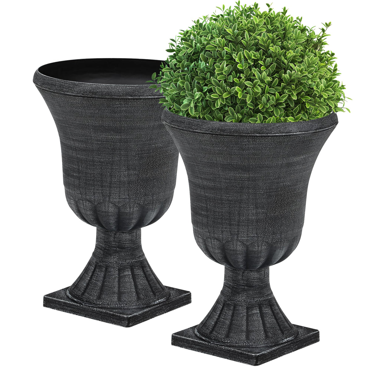 Autodaya urn planter in washed black finish complements exterior decor.