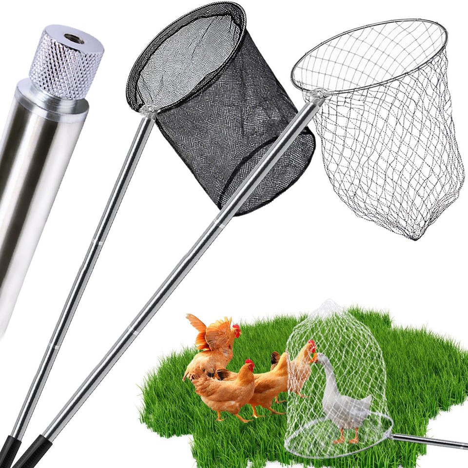 Autokcan chicken catching net poles show extendable setup for poultry handling