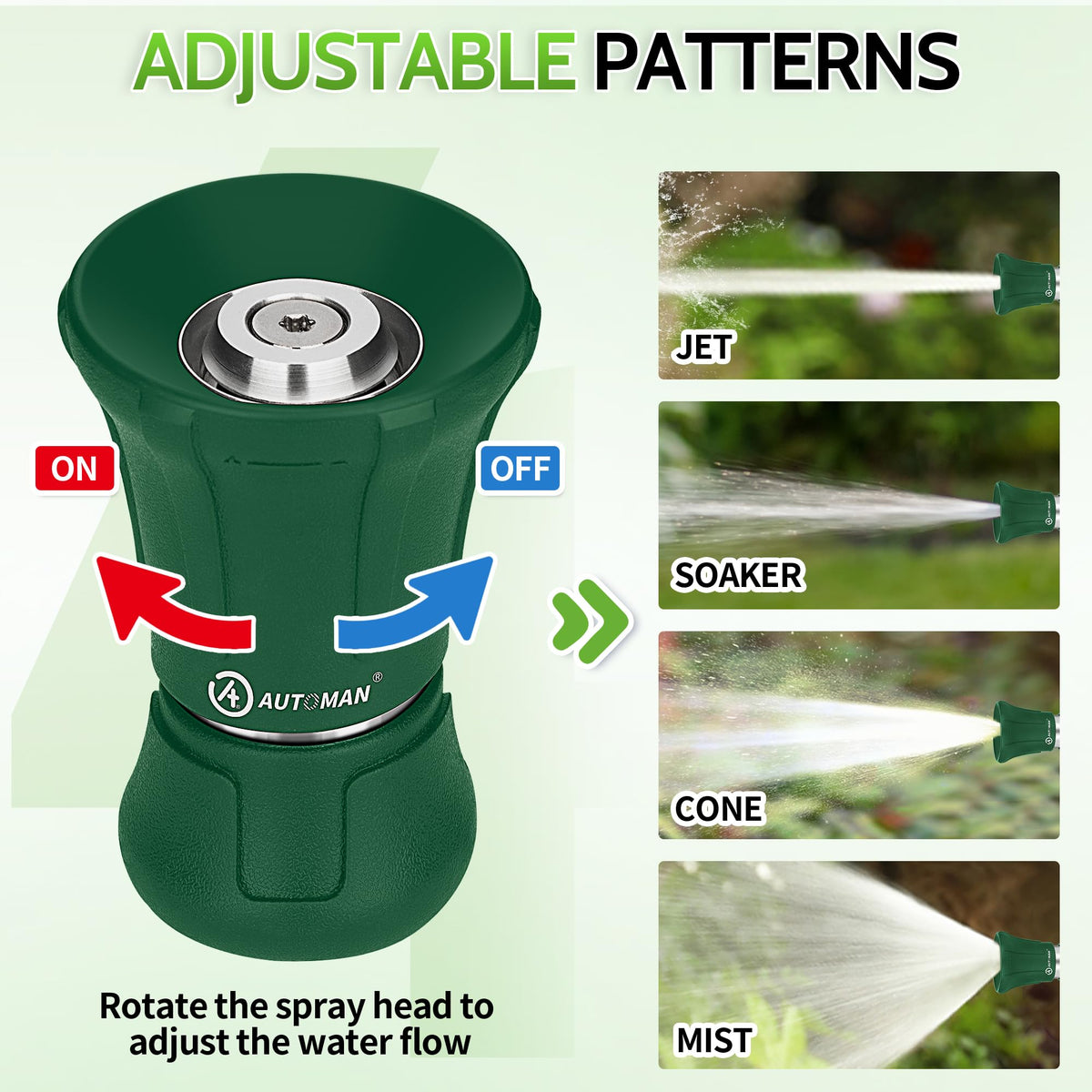 AUTOMAN adjustable spray modes from mist to jet for plants and patios