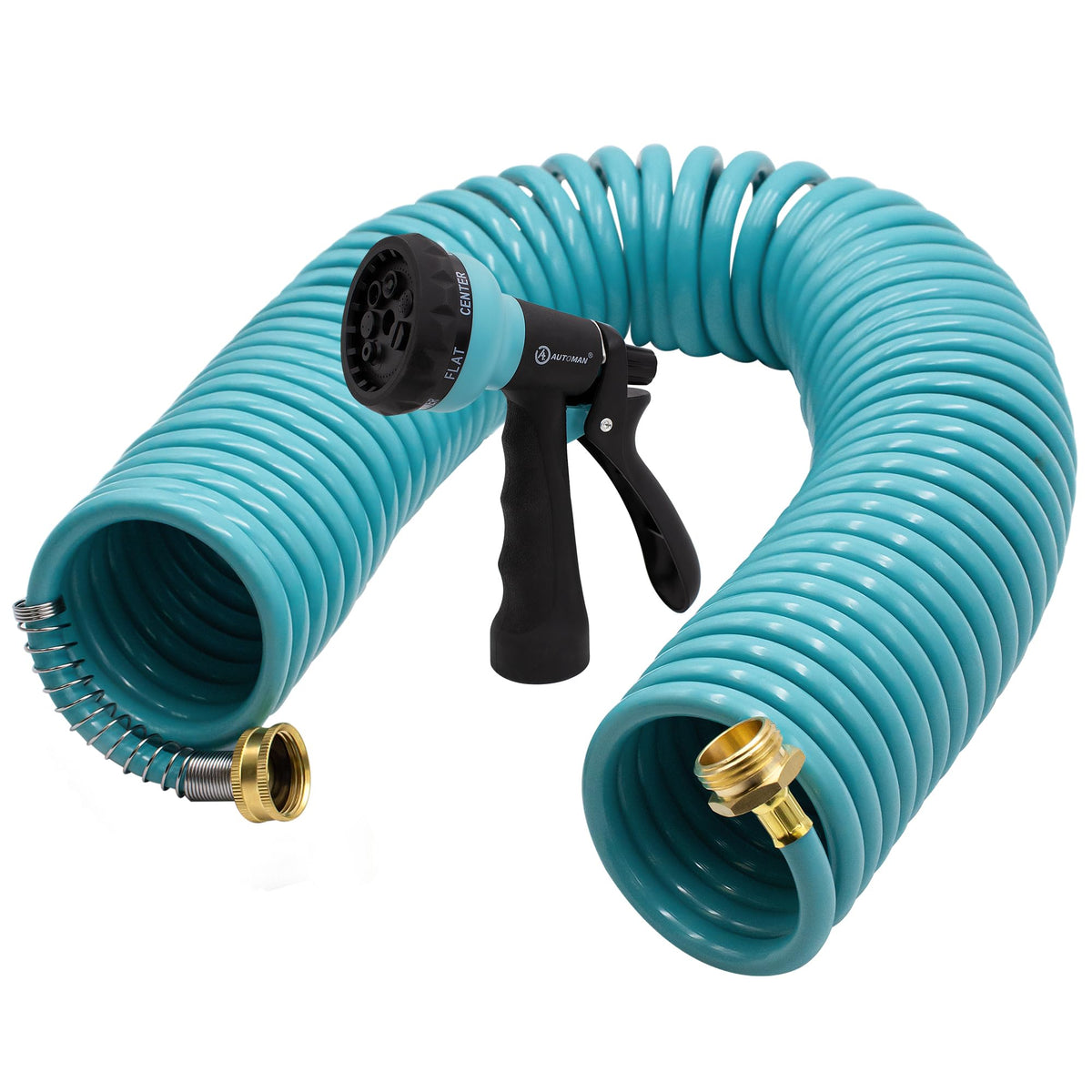 AUTOMAN coil garden hose 50ft extended for wide-area watering and easy handling.