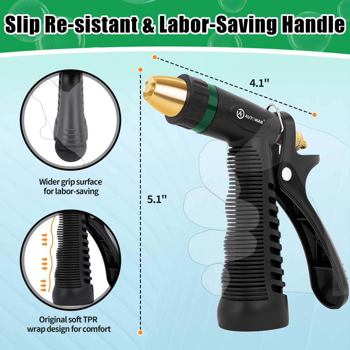 AUTOMAN Nozzle lock bar enables continuous spraying and reduces wrist fatigue.