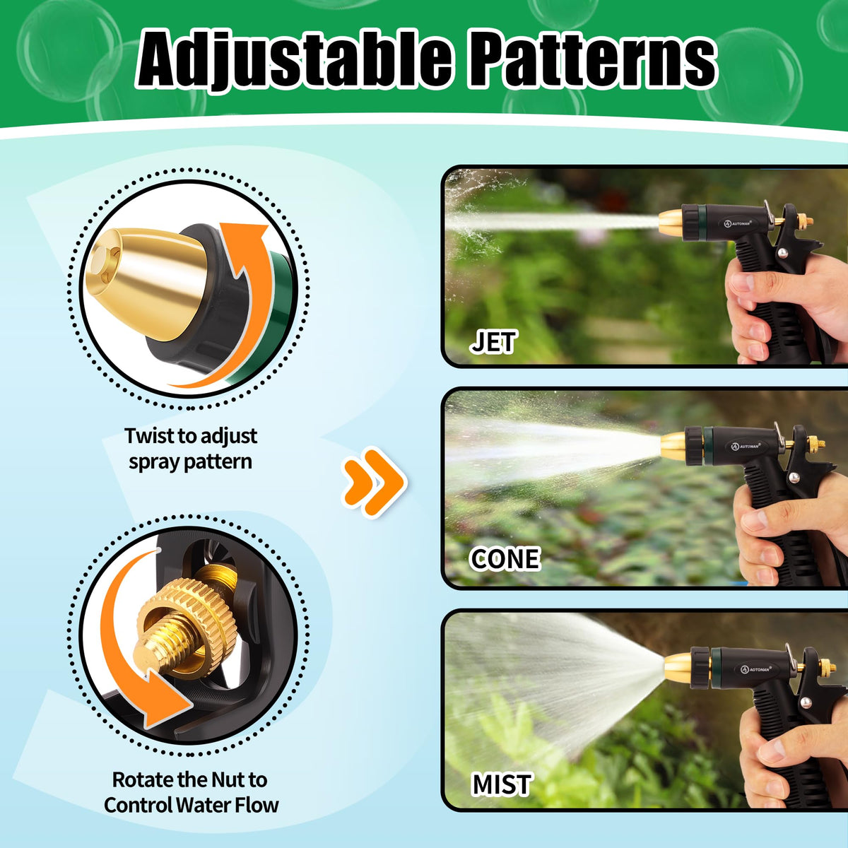 AUTOMAN Garden Hose Nozzle mist spray mode ideal for gentle plant watering.