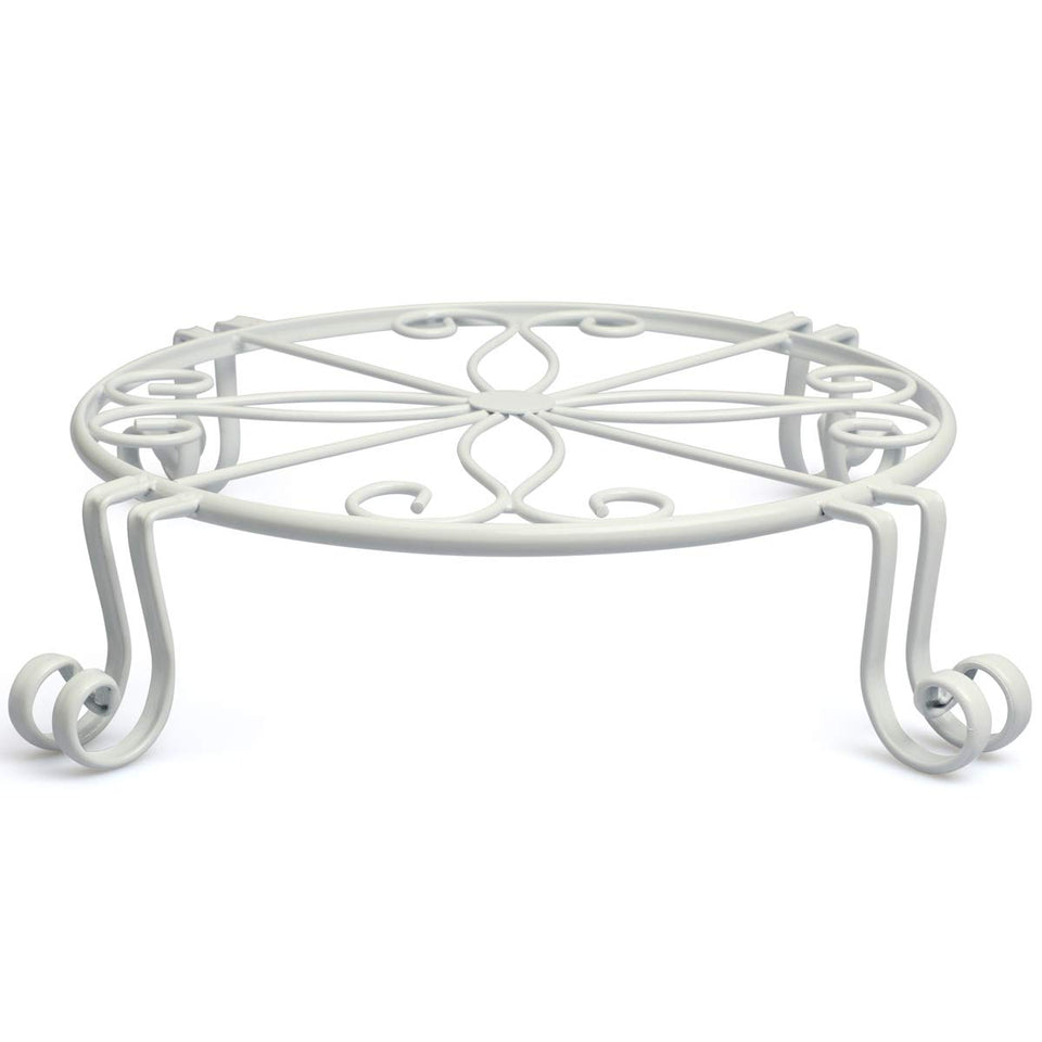 Autopromake white plant stand with round design, rustproof iron, ideal for outdoor pots.