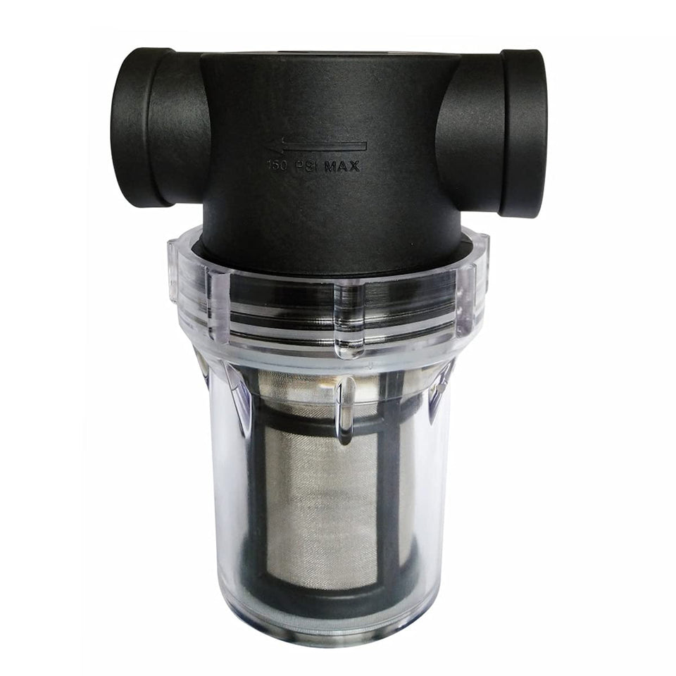 AutoRocking inline strainer with 3/4 in NPT protects pumps by catching debris before entry.
