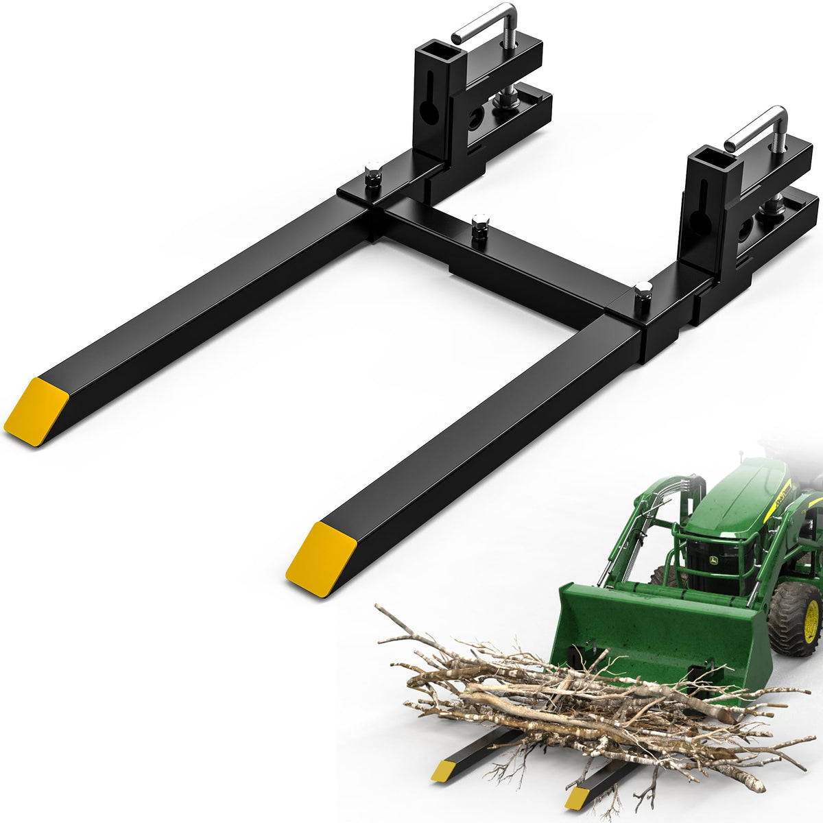 AUTOSAVER88 60-inch clamp-on pallet forks attachment enhances tractor versatility for heavy lifting