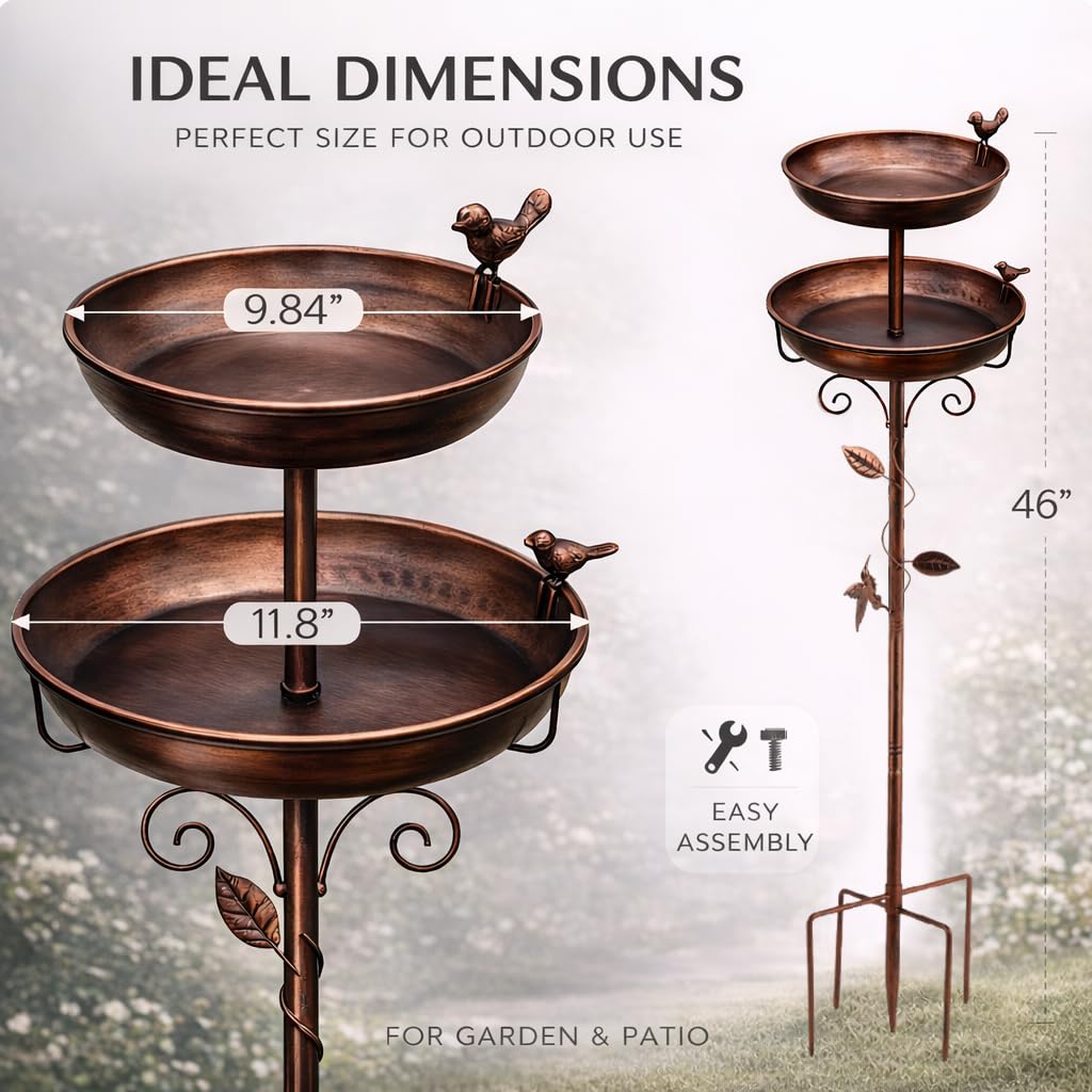 Autrovia bird bath with hummingbird and sparrow decor enhances outdoor charm while serving as bath and feeder.