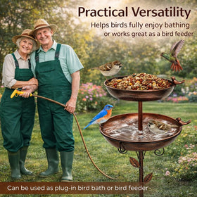 Autrovia dual bowl design supports bathing and feeding for visiting birds.