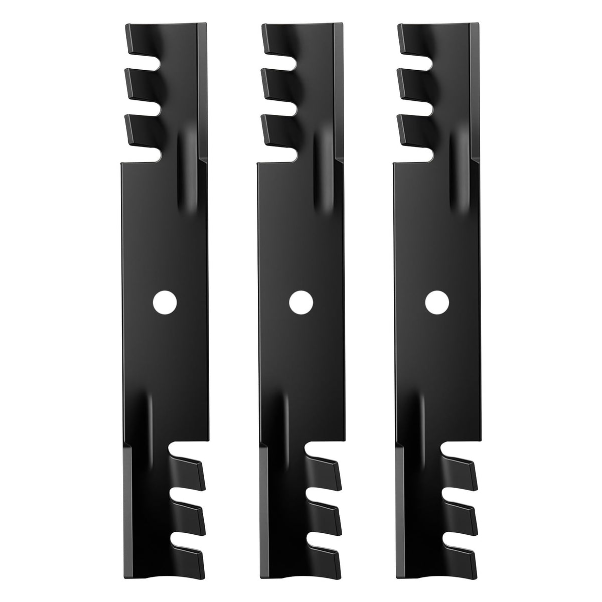 Autsurles 3-pack toothed mulching blades ready for installation and precise cutting.