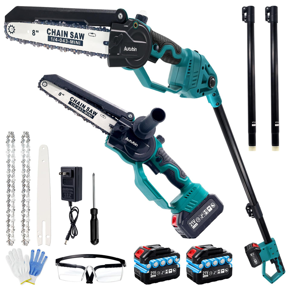 Autubin 2-in-1 pole saw extension pole enables high-branch pruning from ground level.
