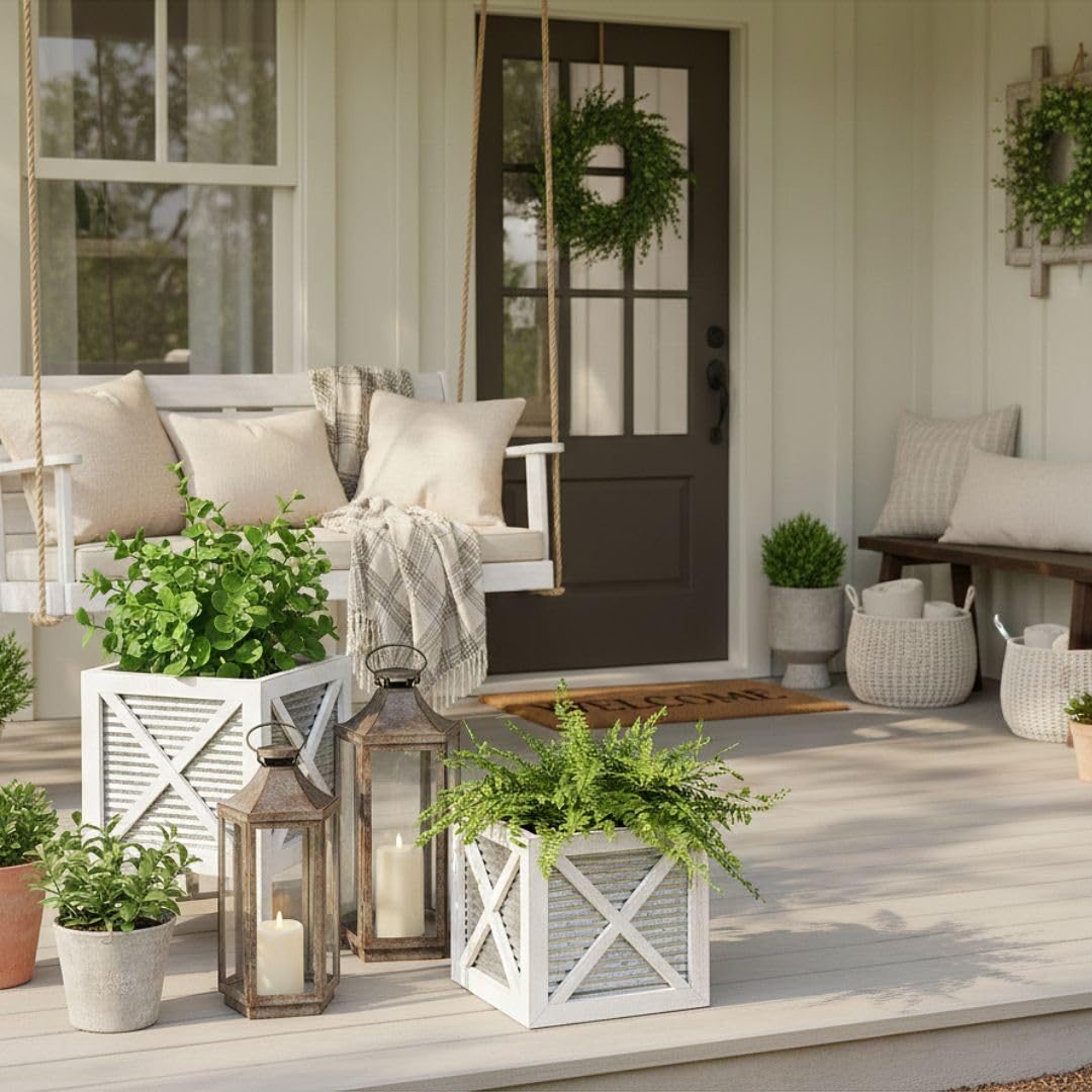 Autumn Alley square wood and metal planter stand adds rustic charm to any doorway.