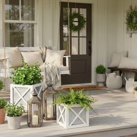 Autumn Alley square wood and metal planter stand adds rustic charm to any doorway.