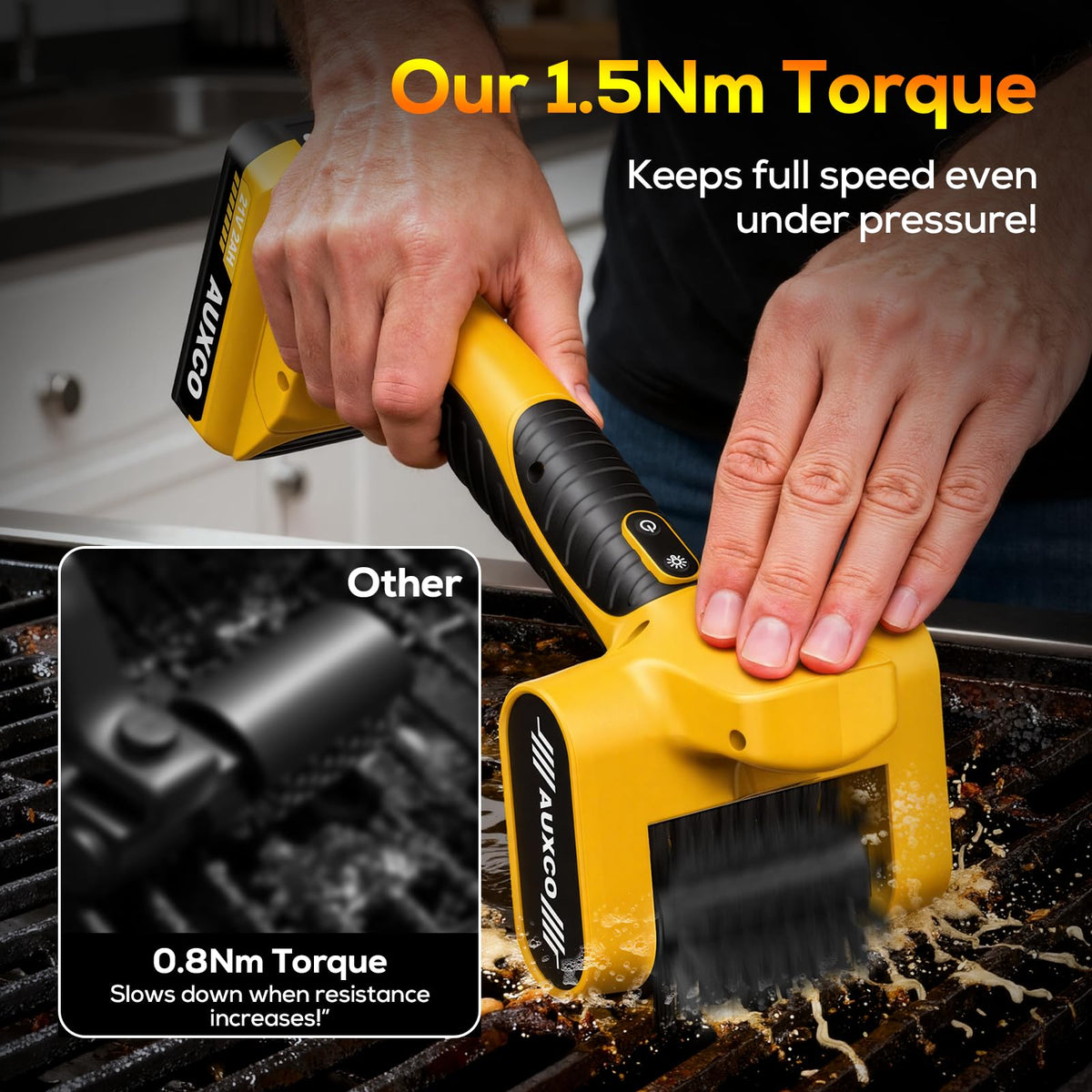 AUXCO grill brush with LED light illuminates grime for precise cleaning