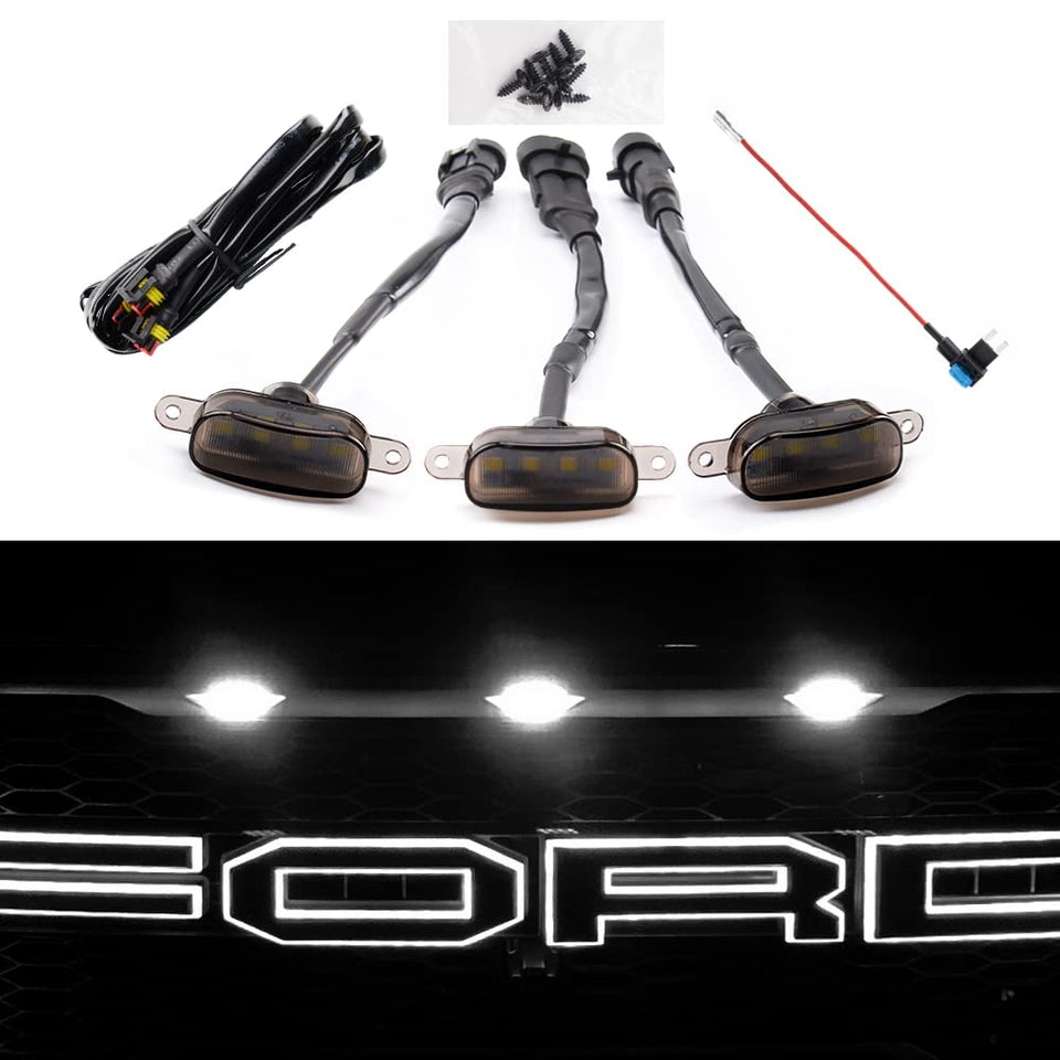 Auxlight 3-pack white grille lights installed on Ford F-150 for brighter front visibility