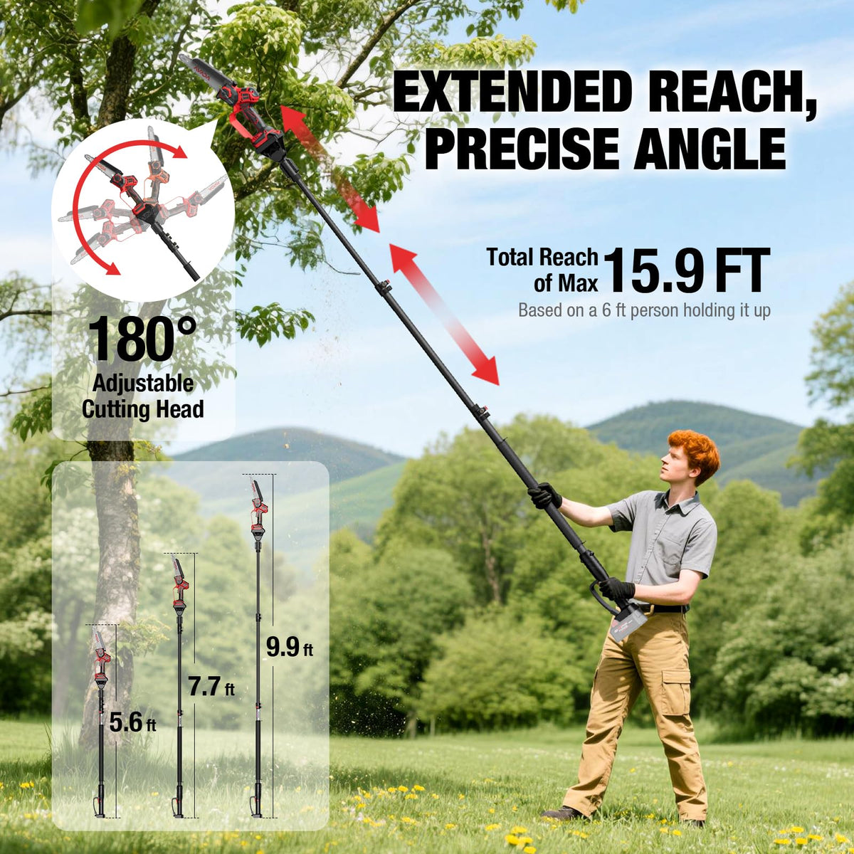 AVADA pole saw reaches up to 15.9 feet for overhead branches.